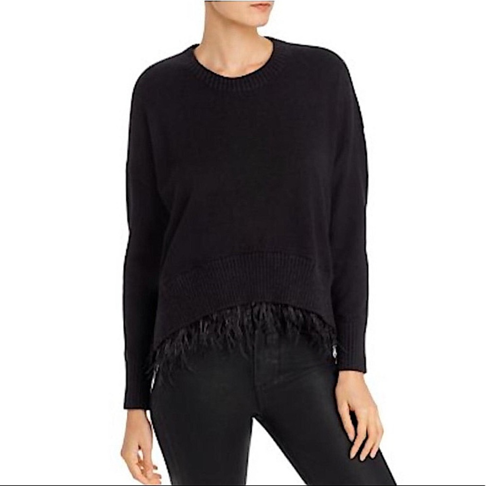 AQUA Black Feather Hem Long Sleeve Crew Neck Sweater –– NWT